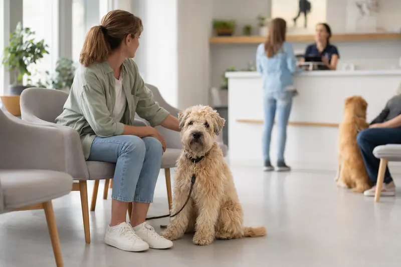 Ein Irish Soft-Coated Wheaten Terrier sitzt ruhig neben seinem Besitzer im hellen Wartezimmer einer Tierarztpraxis.